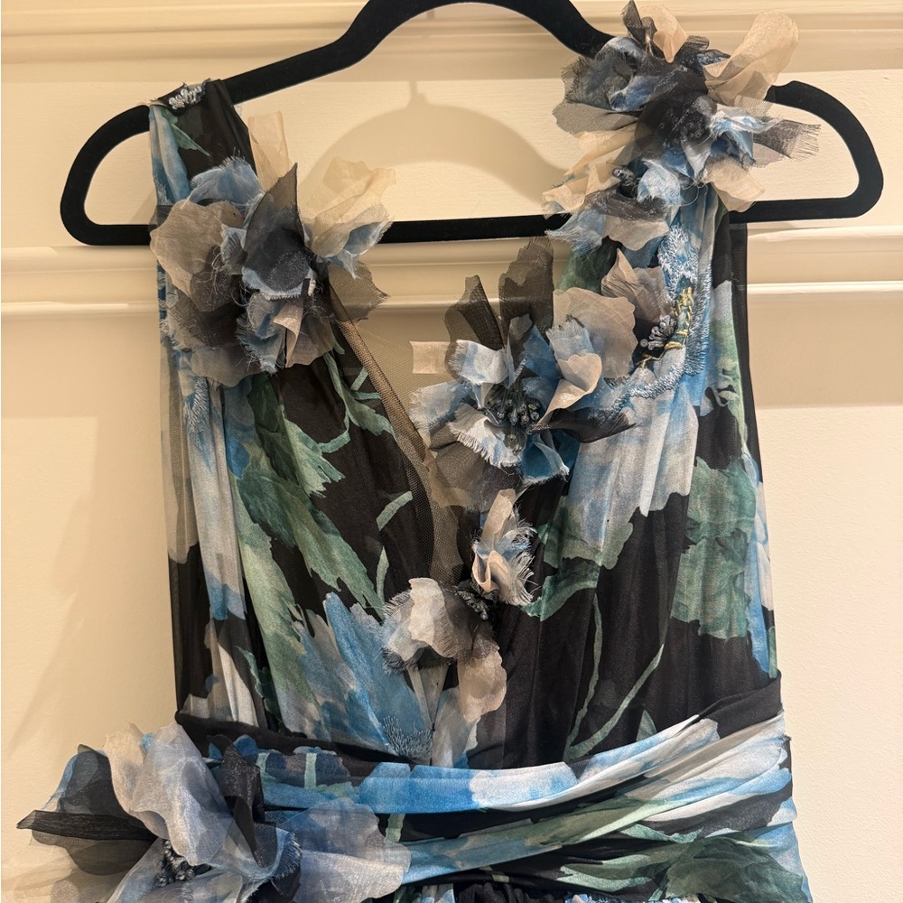 MARCHESA COUTURE- Blue Floral Tiered V-Neck Evening Dress - Picture 6 of 9